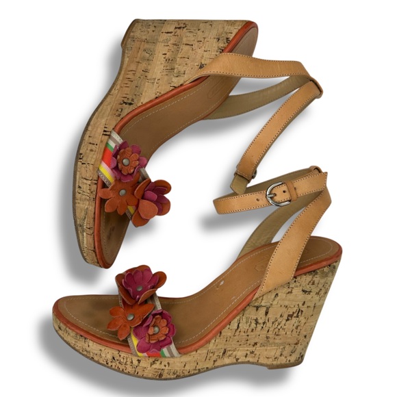 COACH Morgan Strappy Cork Wedges Heels Size 6.5 Floral Shoes - Picture 2 of 15